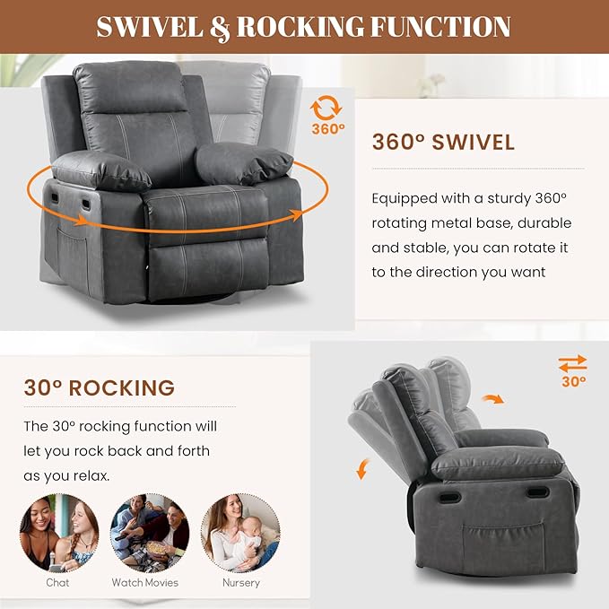 Massage Recliner Chair for Adults360 Degree Manual Swivel Rocker Recliner with Heat and VibrationPU Leather Glider Rocking Reclining Chair for Home Theater SeatingLoungeNurseryLiving Room(Grey)