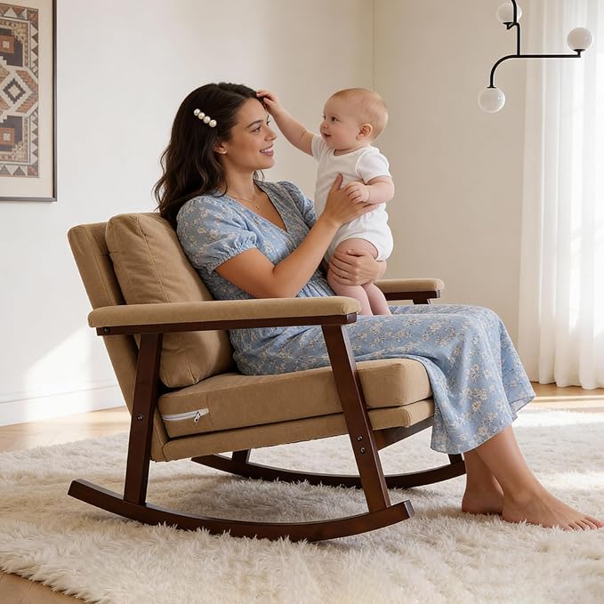 Rocking Chair for Nursery Living Room &amp Bedroom Upholstered Accent Chair with Solid Rubberwood Frame Cozy Reading Chair for Small Spaces (Khaki)