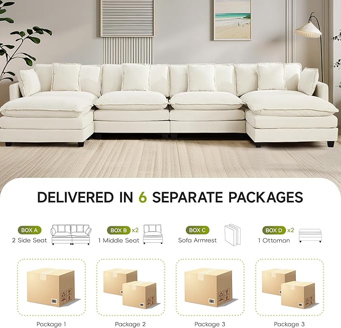 4-Seater Cloud Couch with 2 Ottomans Extra-Large Modular Sectional U Shaped Sofa with Deep Seat Cushions Chenille Couch for Living Room Beige