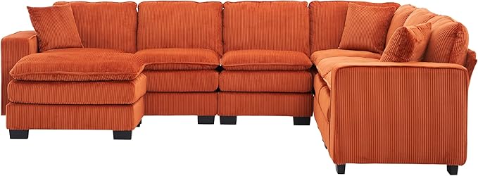 143 Large Modular Sectional Sofa Convertible U - L Shaped 6-Seat Sofa Couch with One Ottoman Chaise and Pillows Sectional Couches Comfy Corduroy Upholstered Sofa Sleeper for Living Room (Orange)