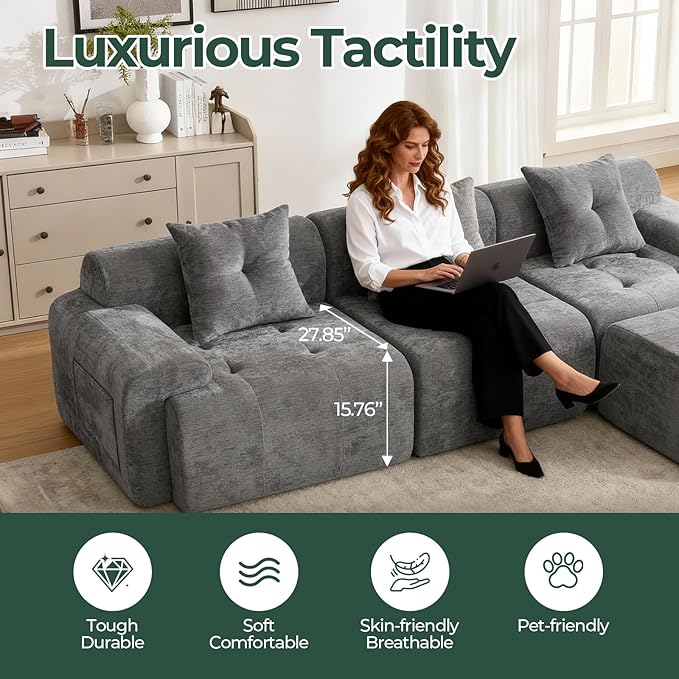 101.65” Modular Sectional Couch for Living Room Modren L-Shape Cloud Sectional 3-Seater Sofa with Movable Ottoman Woven Texture Upholstery Boneless Couch No Assembly Grey
