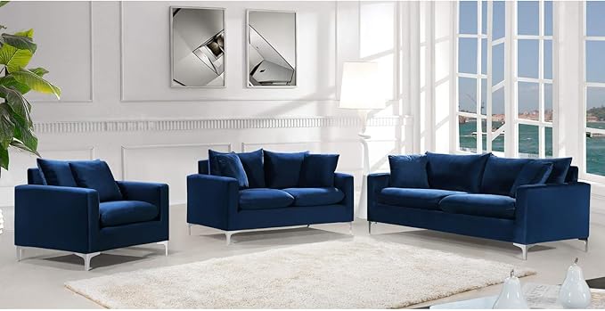 Meridian Furniture Naomi Collection Modern | Contemporary Black Velvet Upholstered Sofa with Stainless Steel Base in a Rich Gold or Chrome Finish (633Black-S)