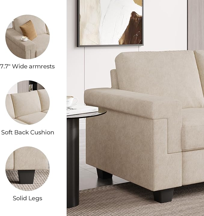 3 Seater Sofa Couch with Deep Seat 90 Modern Upholstered Sofa with Armrests Easy Installation Comfy Couches for Living Room Apartment Beige