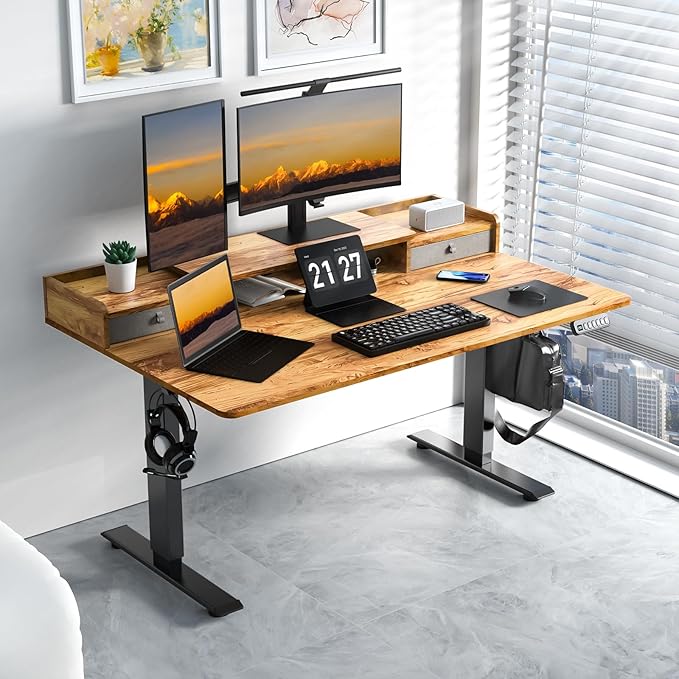 55 x 30 Inch Electric Standing Desk with 2 Drawers Adjustable Height Widened Stand Up Desk with Storage Sit to Stand Ergonomic Workstation for Home Office Light Rustic