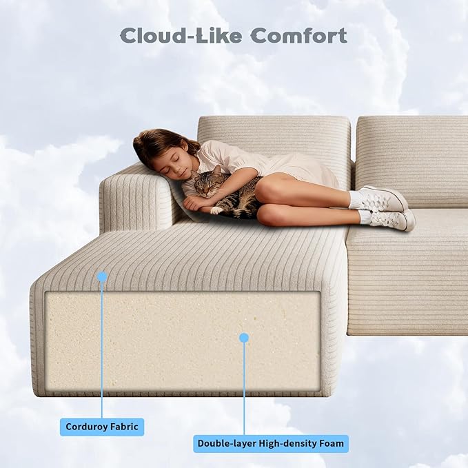 106 Corduroy Sectional Couch Boneless L Shaped Couch with Deep Seat Cloud Foam Sofa with Oversized Chaise Sectional Sofa No Assembly Needed for Living Room