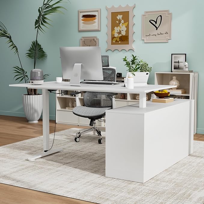 63 L Shaped Electric Standing Desk with File Cabinet Height Adjustable Stand up Desk with Drawers and Shelves Home Office Computer Gaming Table White