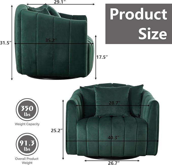 40 Inch Barrel Swivel Chairs with 3 PillowsGreen Velvet Swivel Chairs for Living RoomModern Accent ChairLarge Armchair 350lbs