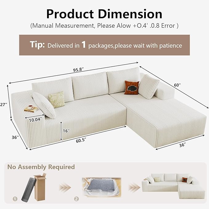 95 Cloud Sectional Couch with L-Shape Chaise Modular Comfy Sofa Chaise Longue Upholstered Corduroy Couches Sleeper with Deep Seat for Living Room Bedroom No Assembly Required(White Right Facing)