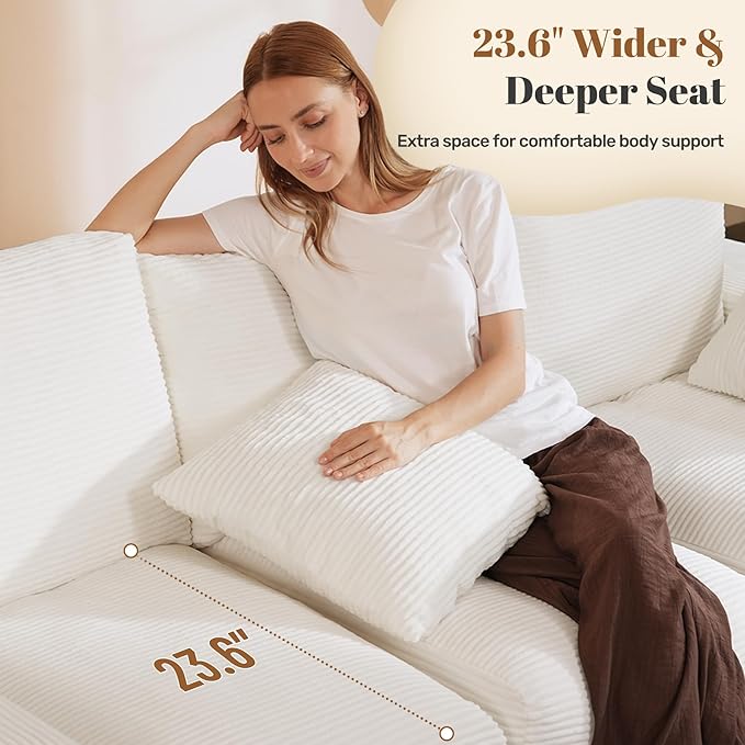 91.7 Boneless Sofa Couch with Layered Cushion3 Seater Cloud Couch with Deep SeatUpholstered Corduroy Floor Sofa with Removable Cover &ampThrow Pillows for Living RoomNo Assembly Beige