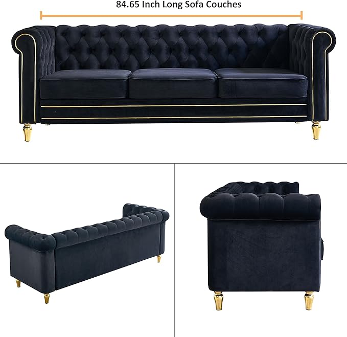 Homtique 84 Modern Couch for Living Room 3 Seater Comfy Velvet Sofa with Button Tufted Rolled Arms and Gold Legs Chesterfield Sofa for Home/Office Bedroom Black