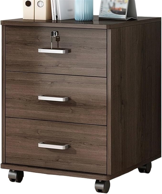 Office File Cabinet Wooden File Cabinet with 3 Solid Color Drawers File Cabinet with Sliding Wheel Storage Lock Small Side Cabinet
