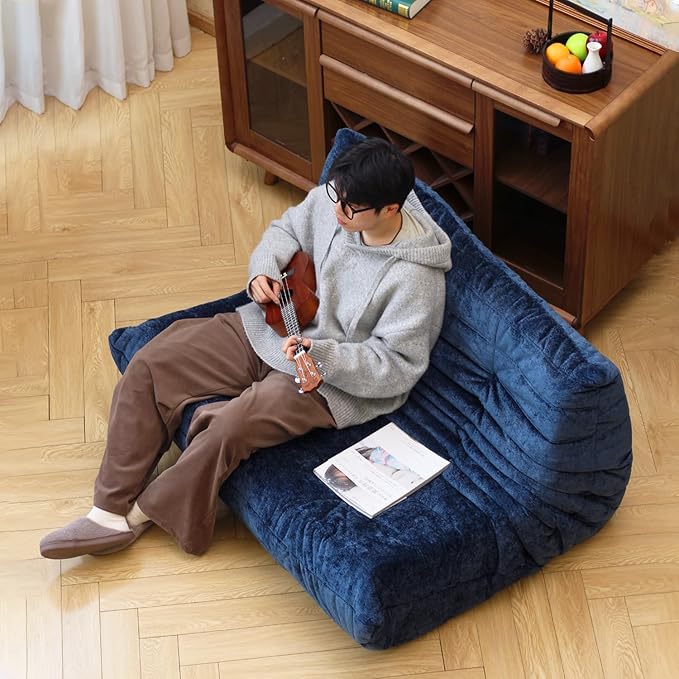 N&ampV Fireside Chair Mid Century Armless Floor Sofa Soft Premium Chenille Floor Lounge Chair Foam Sofa Accent Chair for Living Room Bedroom and Office (Blue Loveseat)