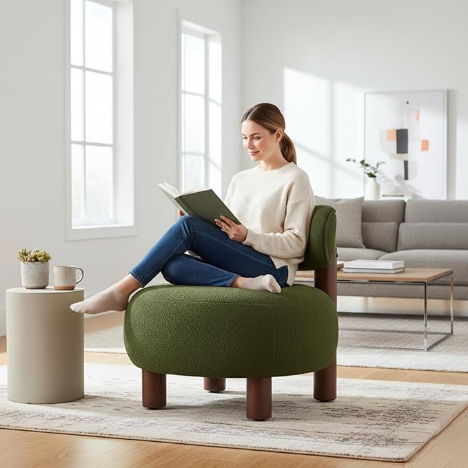 Modern Boucle Accent Chair Set of 2 with Plush Faux Sherpa Upholstery Curved Backrest Solid Wood Legs for Living Room Bedroom Reading Nook 27.5 Green