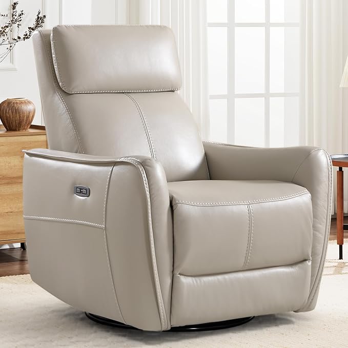 ANJ Power Swivel Rocker Recliner ChairNursery Rocking Chairs with USB &amp Type C PortUpholstered Faux Leather Glider Rocking Chair for Living Room Silver Gray
