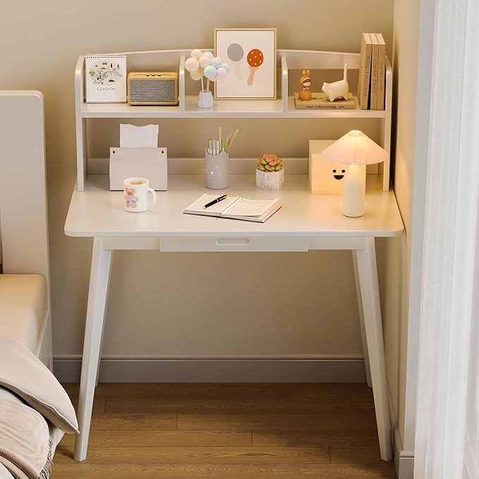 IOTXY Small Writing Desk with Hutch - 39.4 Work Computer Study Table with Drawer for Home and Office White