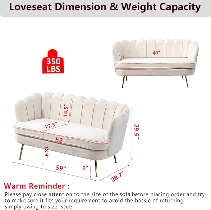 Chenille Small Sofa Couch for Small Spaces Living Room Bedroom59 Loveseat Couches with Gold Metal LegsChannel Tufted 2 Seater Sofas with Curved Back and Arms for ApartmentRV.