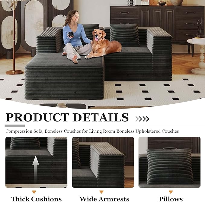 78” Cloud Loveseat Sofa with 2 Cushions Boneless Couches for Living Room Bedroom Small Space Corduroy Sofa in a Box Compressed Memory Foam No Assembly (Grey 78” L-Shaped)