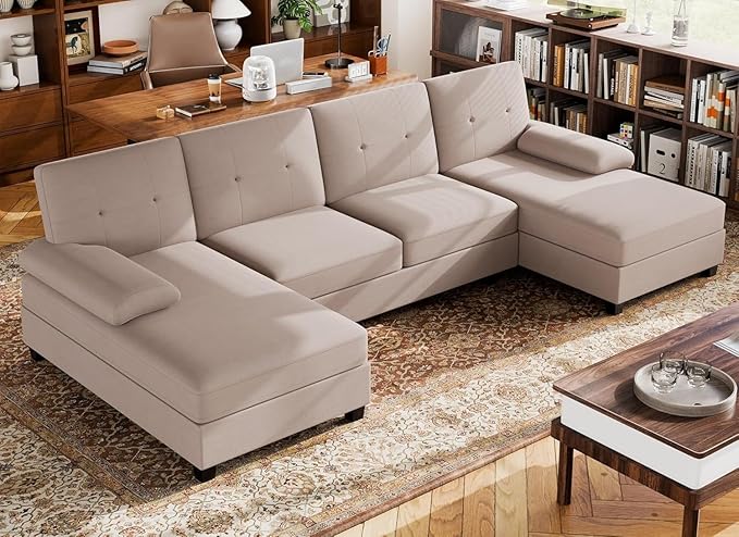 Walsunny Sectional Couches for Living Room Convertible U-Shaped Sofa Couch with Double Chaise 4 Seat Sofa Set Modular Sectional Sofa for Living Room Apartment Bedroom Dark Kahki