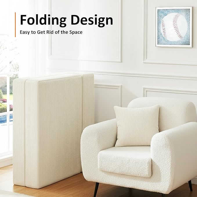 Queen Size Folding Sofa Bed - 4 in 1 Convertible Sleeper Chair with Two Pillows - High Density Memory Foam Futon Couch - Foldable Bed for Living Room Bedroom (Beige)