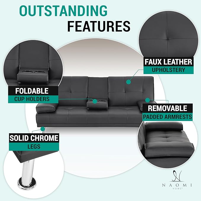 Naomi Home Low Profile Design: Convertible Folding Futon Sofa Bed Sleeper Couch for Living Room Faux Leather Upholstered Futon Sofa with Armrests Metal Legs 2 Cup Holders Black