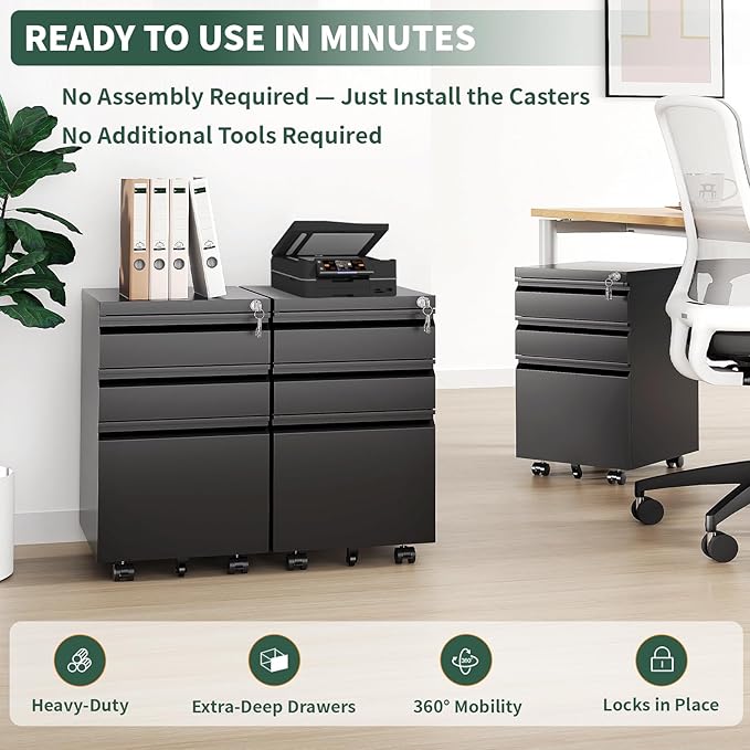 3 Drawer File Cabinet with LockUnder Desk Rolling Small Filing Cabinet for Home Office StorageMobile Steel Cabinets with WheelsFully AssembledBlack