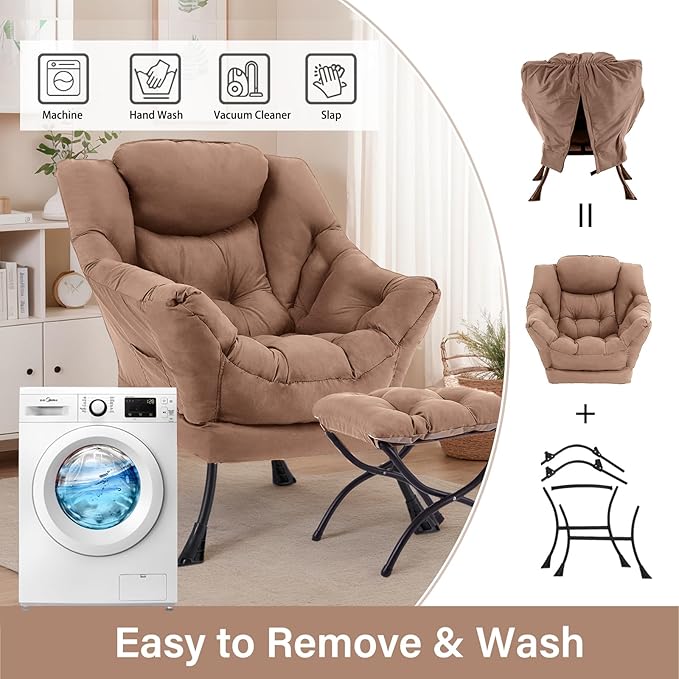 Lazy Chair with Ottoman Large Khaki Accent Chair with Ottoman Comfy Reading Armchair Leisure Sofa Chair for Living Room Bedroom Dorm Room Office