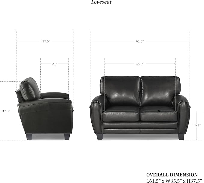 Homelegance 61.5W Rubin Modern Loveseat with Track Arms Foam Cushions Comfort 2 Seater Couch Faux Leather Love Seat for Living Room Apartment Office Easy Assembly Black