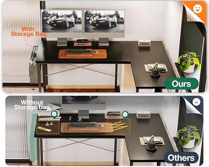 AODK L Shaped Desk 50 Inch Computer Desk with Storage Bag Reversible Home Office Desk with Host Stand Black Corner Table for Bedroom Studio Modern Wood PC Desk for Study Work