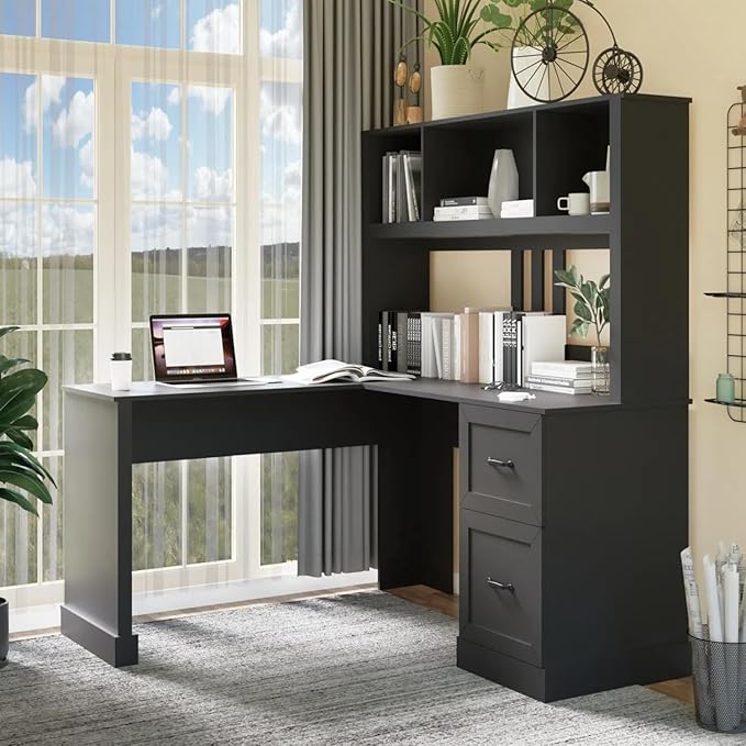 WERSMT L Shaped Computer Desk with Drawers Corner Desk Large Storage Gaming Desk Home Office Desks with Bookshelf Easy to Assemble Black
