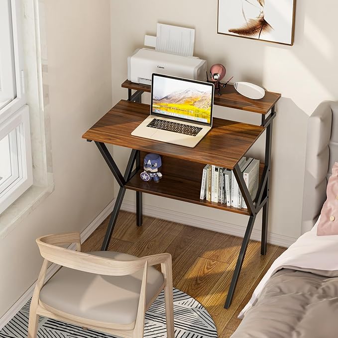 ODK Small Desk 27.5 Inch Computer Desk for Small Spaces Kids Desk with Storage Study Table with Monitor Stand for Homeschool Deep Brown
