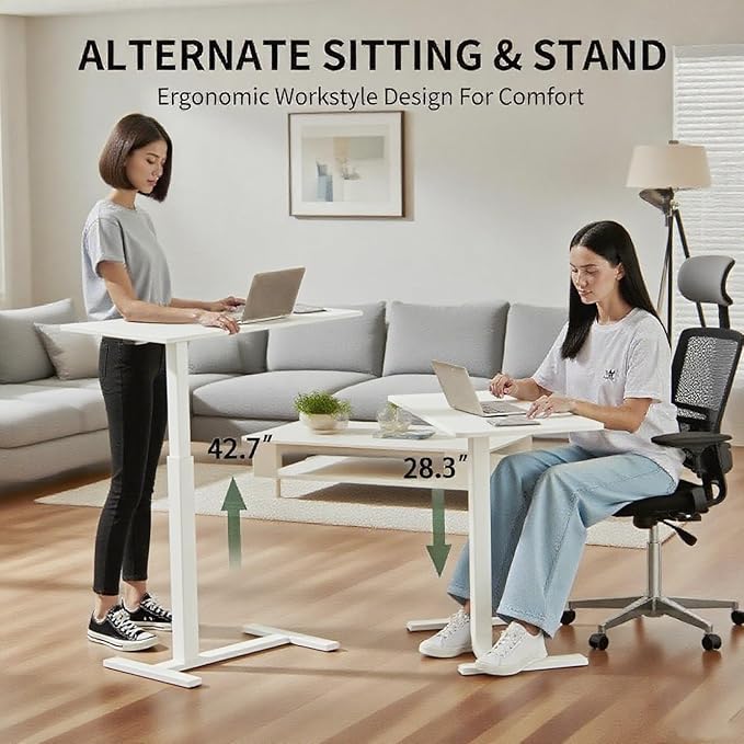 Mobile Small Standing Desk with Hidden Wheels Portable Rolling Laptop Desk Rolling Computer Cart Movable Adjustable Height Computer Workstations for Home Office White