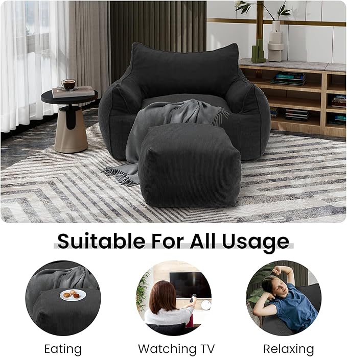 YOURLITE Bean Bag Chair for Adults with Footrest High-Resilience Foam Filled Bean Bag Sofa with Armrests and Backrest Comfy Corduroy Floor Sofa for Living Room Bedroom or Balcony (Dark Grey)