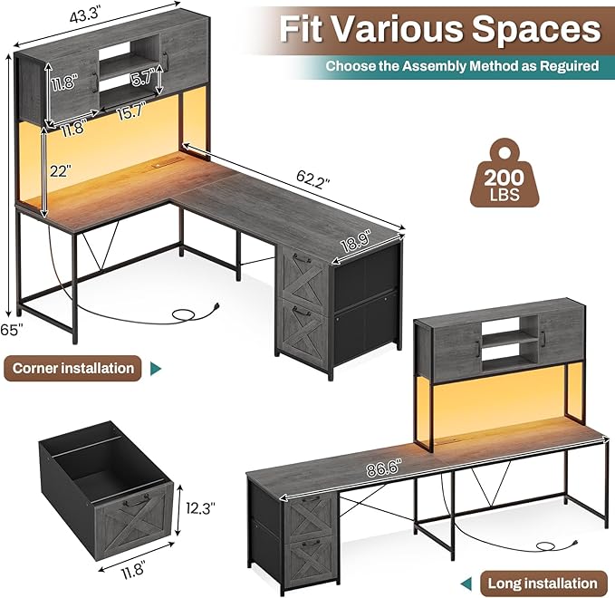 SEDETA L Shaped Gaming Desk Reversible Computer Desk with Fabric Drawers and Power Outlet Gaming Desk with Led Lights Hutch and Storage Shelf for Home Office Grey