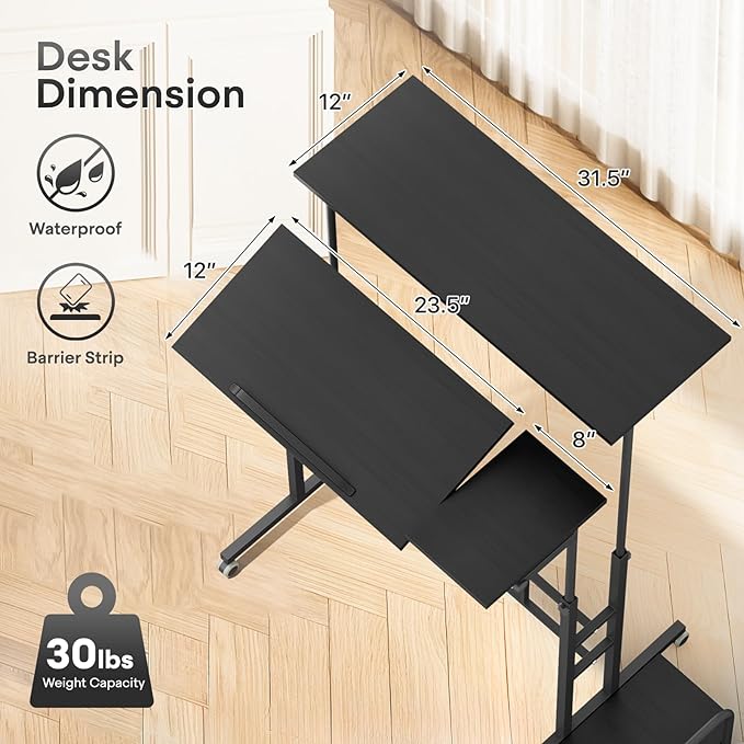 Athena Collection Height-Adjustable Mobile Laptop Stand Cart with CPU Holder Rolling Sit-Stand Desk Workstation for Home Office Black