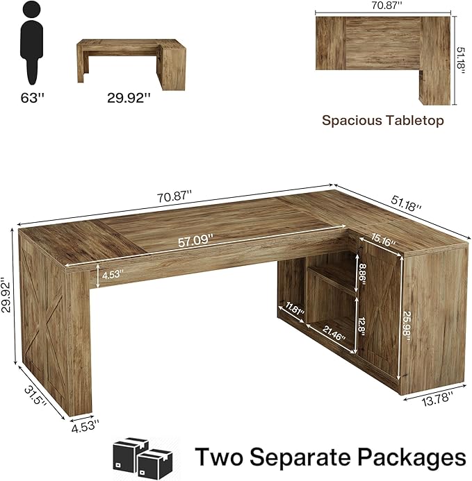 Tribesigns 71 L-Shaped Executive Desk with File Cabinet Large Office Computer Table with Storage Shelves Professional Business Furniture Workstation for Home Office Rustic Brown