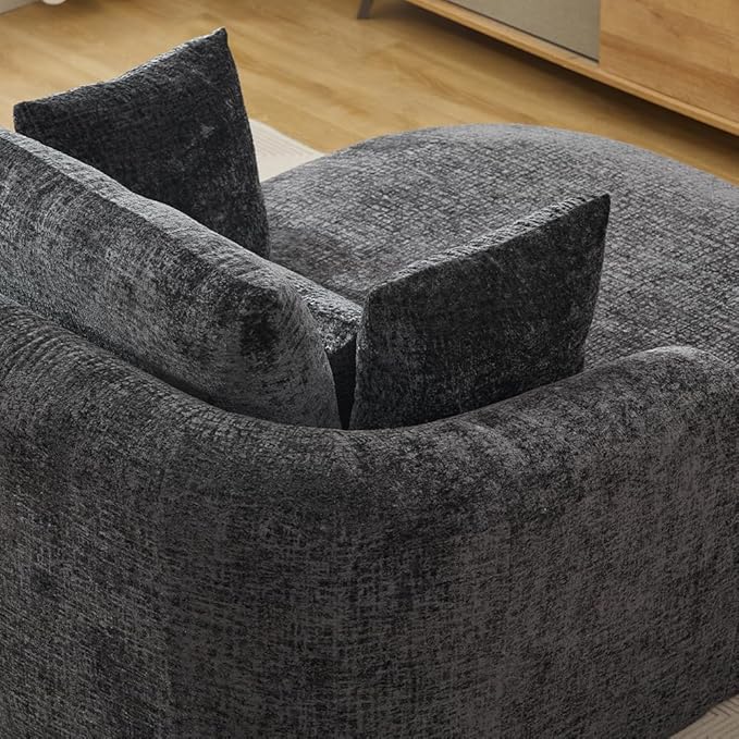 Oversized Chaise Longue Chair Indoor Modern Upholstered Chenille Deep Seat Sofa Bed with Throw Pillows and Armrests Sleeper Sofa Couch for Living Room Bedroom Apartment (Black)