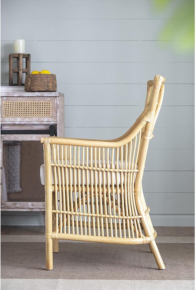A and B Home 37.8 H Yellow and White Rattan Indoor Arm Chair w/Soft Thick Cushion Traditional Style Chair Side Chair