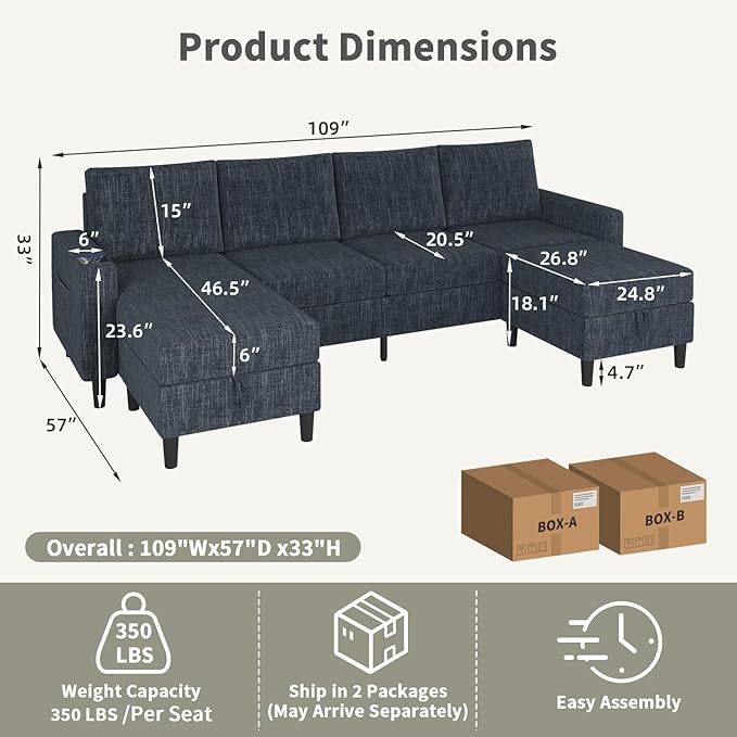 Sectional Couches for Living Room 6-Seats Soft Linen Fabric Sectional Sofa with Storage Ottoman Modern Convertible U/L Shaped Couch with Smart Charging Module/LED Light/Music Sync (Blue)