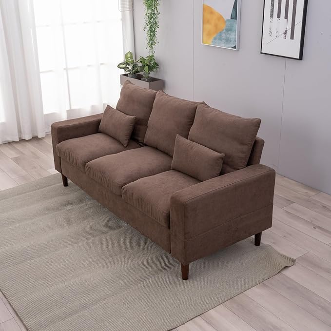 Panana 3 Seat Designer Sofa Couch Linen Fabric Wood Legs Brown