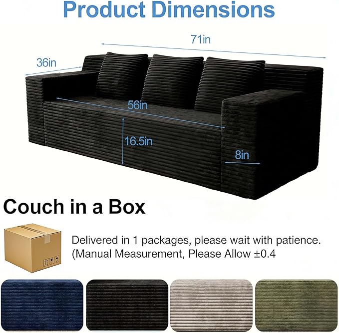 71 Small Boneless Couch Corduroy 3 Seater Couch for Living Room with 3 Pillows &amp Armrests Deep Seat Sofa for Small Spaces Apartment﻿ (Antique Black) | Small Boneless Couch