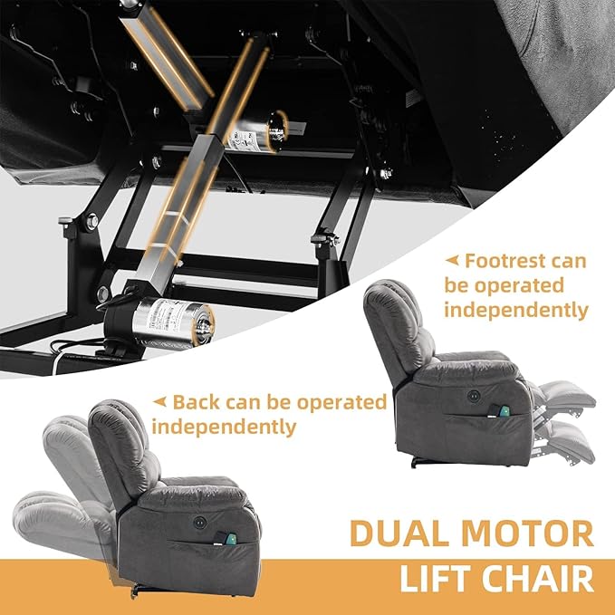 Lay Flat Sleeping Dual OKIN Motor Electric Lift Recliner with Heat Massage for Big Man Large Infinite Position Reclining Chair Up to 350 LBS for Living Room 2 Remote Controls Grey
