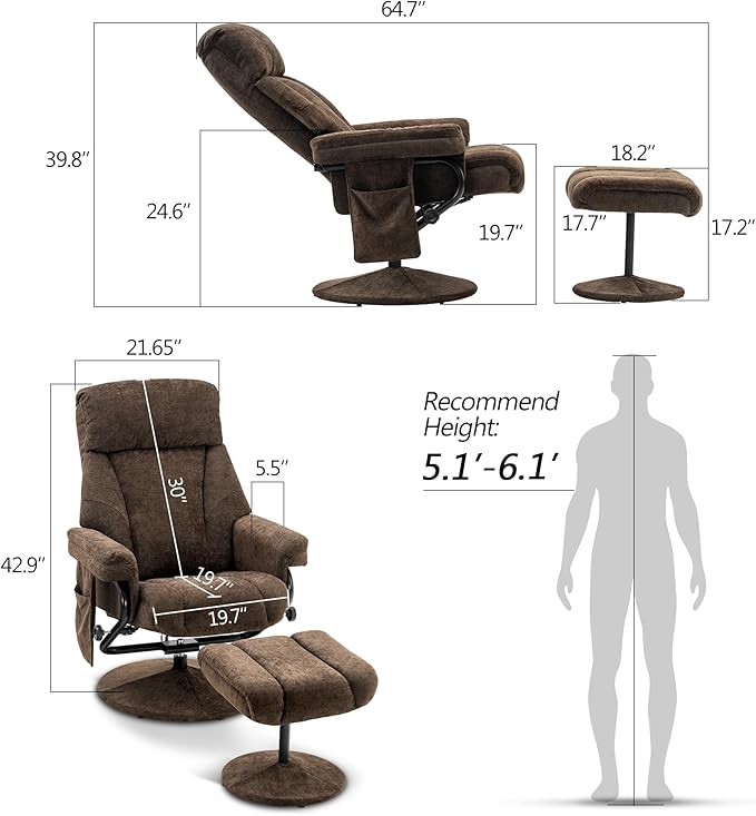 MCombo Swivel Recliner with Ottoman TV Chair with Vibration Massage Ideal for RV Small Space Living Room &amp Bedroom 4828 (Textile Dark Brown)