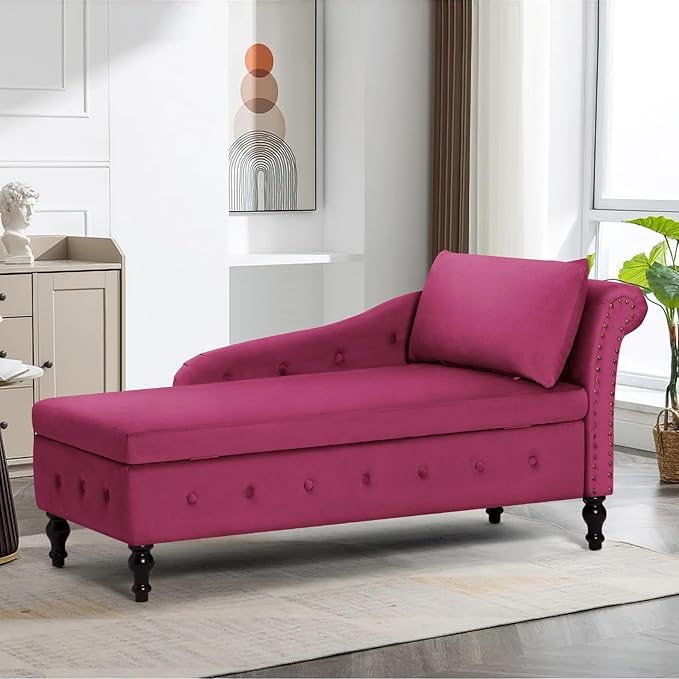 Upholstered Chaise Lounge with Right Armrest &amp Lumbar PillowButton Tufted Lounge Sofa with StorageLounge Chair IndoorModern Velvet Lounge Chair for Bedroom Living Room and OfficeFuchsia