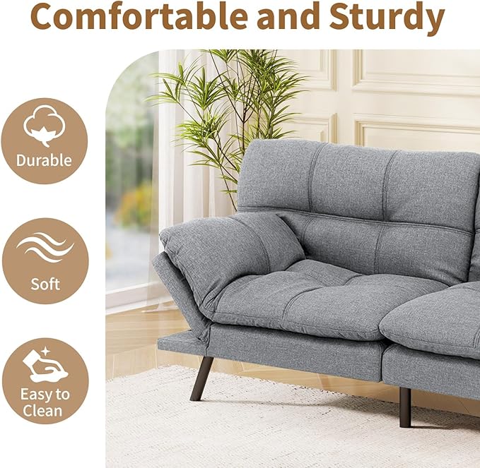 MUUEGM Futon Sofa Bed 71 Convertible Memory Foam Sofa Couch with Adjustable Backrest &amp Armrests Modern Upholstered Sleeper Couch for Small Spaces Living Room &amp Apartment Linen Fabric Lih