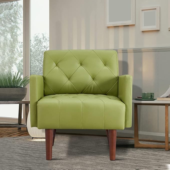 PU Leather Accent Chair Mid Century Modern Armchair for Living Room Reading Tufted Chair Single Sofa High-Density Foam Cushion Solid Wood Legs for Home Bedroom Office Reception(Green)