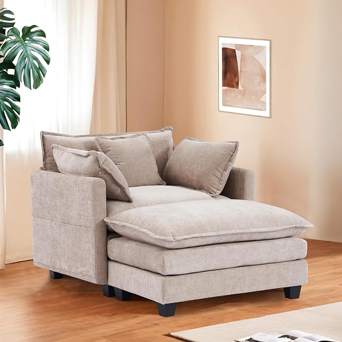 Furniliving Oversized Accent Chairs with Ottoman Luxury Chenille Single Sofa Upholstered Deep Seat Chaise Lounge with Pillows for Living Room Bedroom Apartment Camel