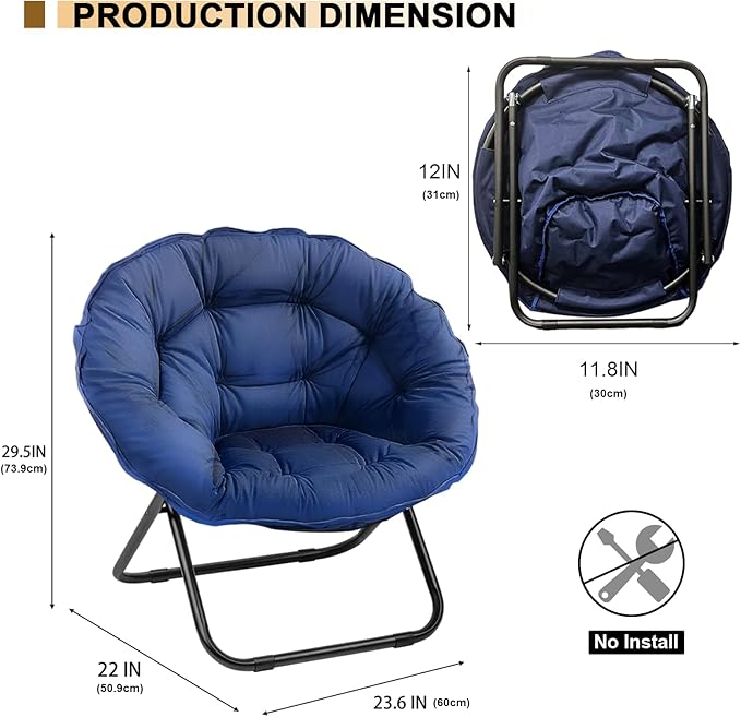 Folding Saucer Chairs for Living Room Circle Chairs with Faux Fur Moon Saucer Chairs for Adults Dorm Reading (Blue)