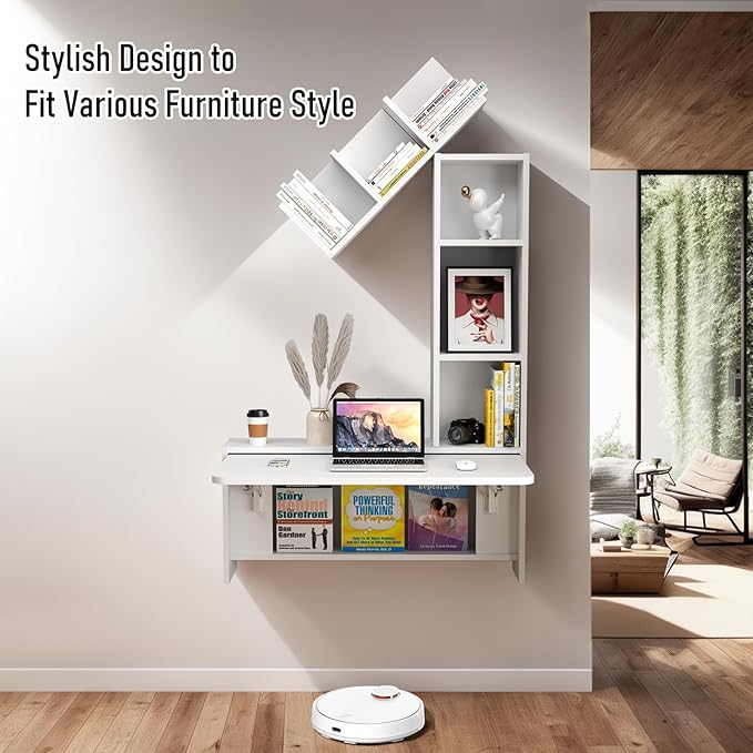 Folding Wall Mounted Drop Leaf Table Foldable Desk with Moveable Cabinets Floating Laptop with Convertible Storage Shelves Multifunctional Computer Workstation in Home for Space Saving