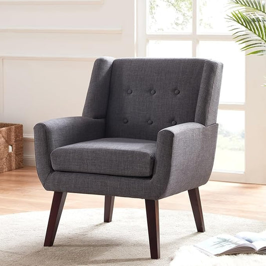 HUIMO Accent Chair Living Room Chair Upholstered Button Tufted Armchair Linen Fabric Sofa Chairs for Bedroom Living Room Mid Century Modern Comfy Reading Chair (Grey)