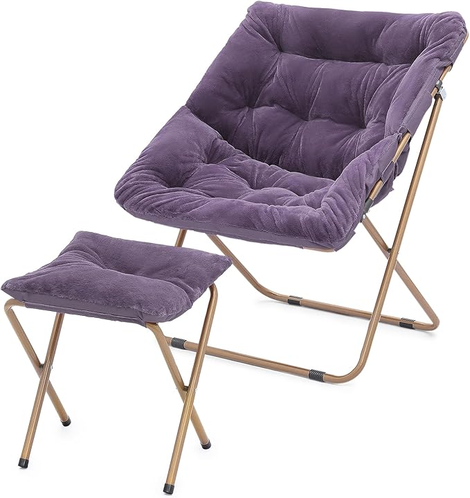 Athena Collection Comfy Saucer Chair and Ottoman Set for Adult Comfortable Faux Fur Square Oversize Folding Reading Chair with Metal Leg Lazy and Cozy for Bedroom Living Room Purple